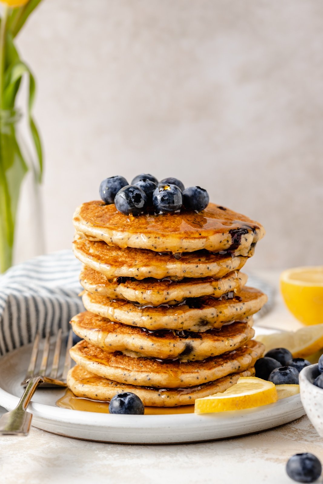 stack of healthy lemon blueberry pancakes