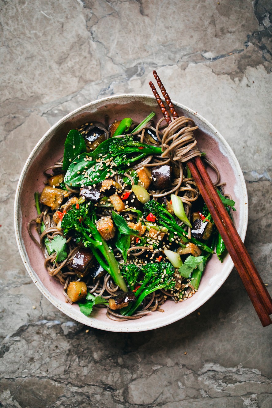 Soba Salad with Miso and Ginger Aubergine + Broccoli —