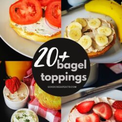 collage of bagel toppings with text overlay.