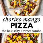pizza topped with meat, mango, pepper and red onion with text overlay