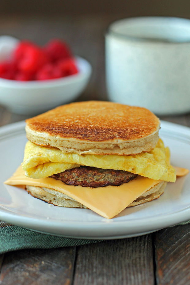 Lighter Griddlecake Breakfast Sandwich on a plate