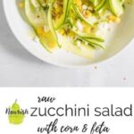 zucchini salad with feta in a bowl with ingredients on a table with text overlay