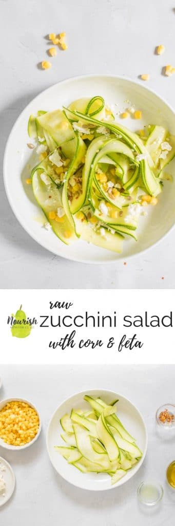 zucchini salad with feta in a bowl with ingredients on a table with text overlay