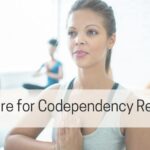 woman in yoga class. Text says "self-care for codependency recovery."