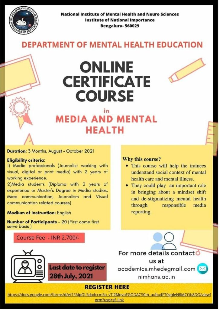 Online Certificate Course in Media and Mental Health – Mental Health Education Nimhans