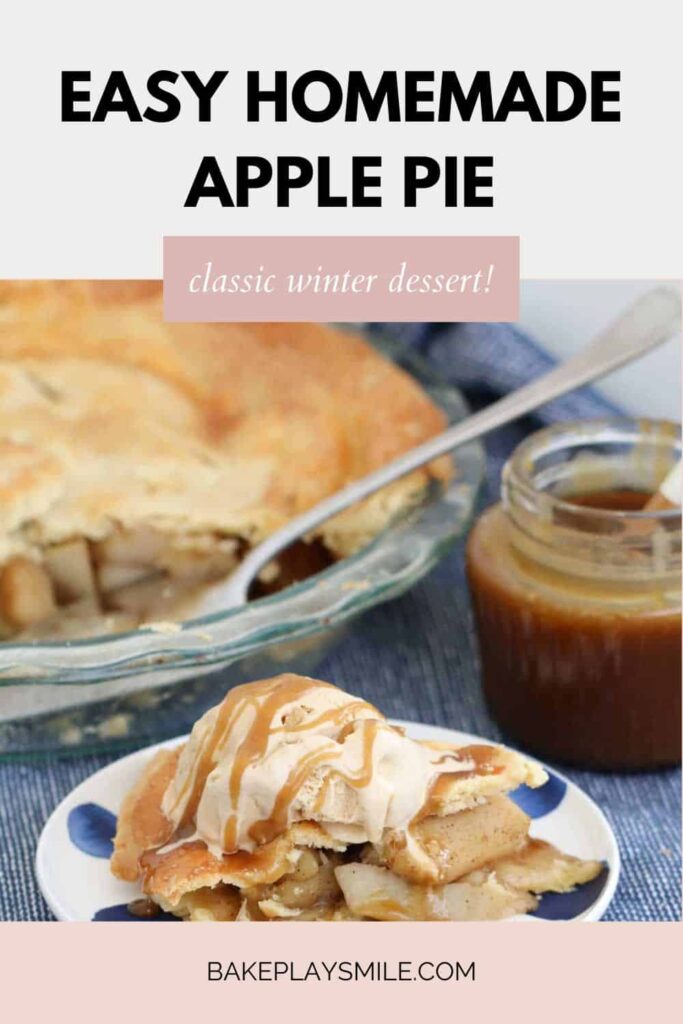 A serve of apple pie with ice cream and salted caramel sauce.