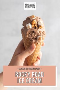 Hand holding up a waffle cone filled with rocky road ice cream in front of a light gray wall. Text overlay includes recipe name.