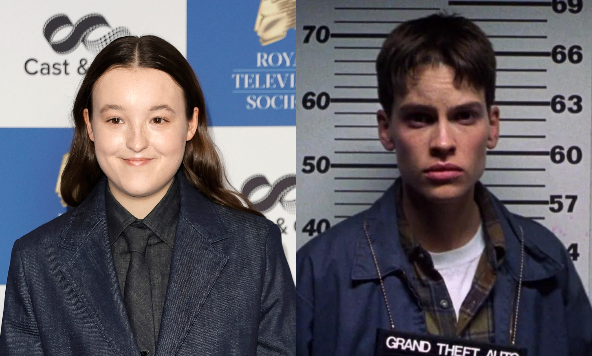 Bella Ramsey is wearing a black and dark blue suit, smiling on a red carpet. Hilary Swank in Boys Don't Cry in a mugshot post-arrest.