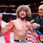 Merab Dvalishvili of Georgia reacts after his victory against Henry Cejudo in a bantamweight fight during the UFC 298 event at Honda Center on Febr...