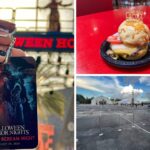 A Halloween Horror Nights Premium Scream ticket, a small hamburger with a "Happy Birthday" decoration, and an outdoor area with queue barriers.