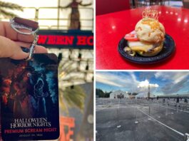 A Halloween Horror Nights Premium Scream ticket, a small hamburger with a "Happy Birthday" decoration, and an outdoor area with queue barriers.