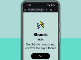 NYT Strands homescreen on a mobile phone screen, on a light blue background