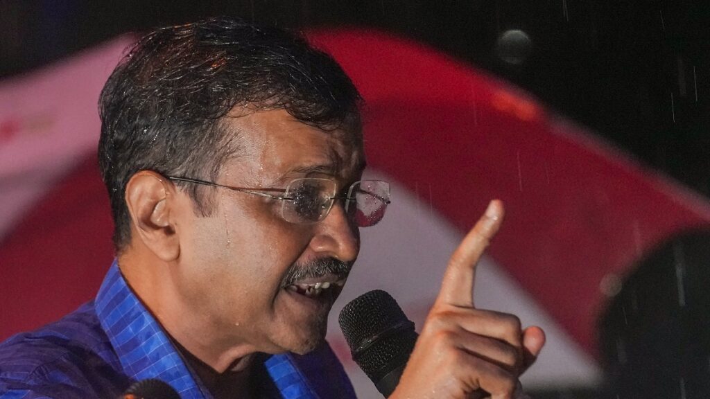 Delhi CM and AAP Convener Arvind Kejriwal waves to the party workers after being released from Tihar Jail after Supreme Court granted him bail on Friday. (Photo: Hardik Chhabra/India Today)