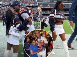 Simone Biles kisses Jonathan Owens on sideline before Bears game