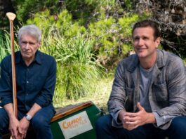 Harrison Ford and Jason Segel in Shrinking sitting on a canoe rental.