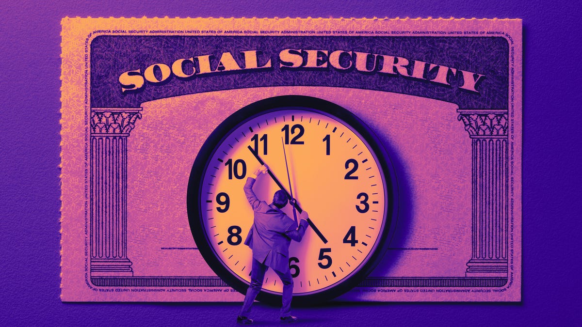 A man in a suit standing in front of a large clock holding the clock arm in place with a large Social Security card in the background.