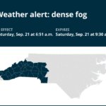 Weather alert for dense fog in central North Carolina Saturday morning