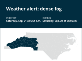 Weather alert for dense fog in central North Carolina Saturday morning