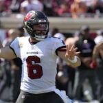 Bucs quarterback Baker Mayfield passes during the second half of the Bucs 33-16 win against Philadelphia last Sunday. (AP Photo/Chris O'Meara)