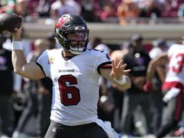 Bucs quarterback Baker Mayfield passes during the second half of the Bucs 33-16 win against Philadelphia last Sunday. (AP Photo/Chris O'Meara)