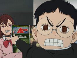 A still of Okarun showing Momo an alien journey in episode 1 of the Dan Da Dan anime