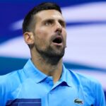 Novak Djokovic, of Serbia, reacts against Alexei Popyrin, of Australia, during a third round match of the U.S. Open tennis championships, Friday, Aug. 30, 2024, in New York. (AP Photo/Julia Nikhinson)