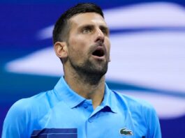 Novak Djokovic, of Serbia, reacts against Alexei Popyrin, of Australia, during a third round match of the U.S. Open tennis championships, Friday, Aug. 30, 2024, in New York. (AP Photo/Julia Nikhinson)