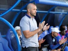 RFS head coach Viktors Morozs reacts during UEFA Europa League play offs game on August 22, 2024